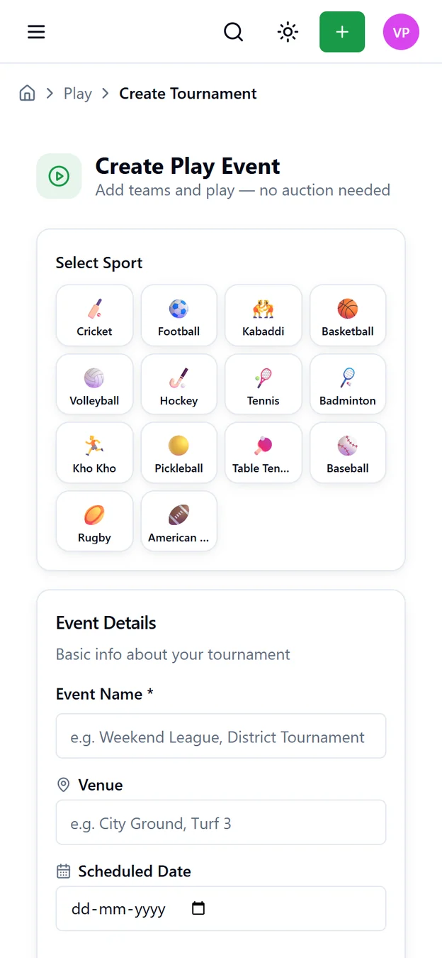 AuctionPro Create Play Event screen on mobile with a sport picker for 14 sports and event name, venue and date fields