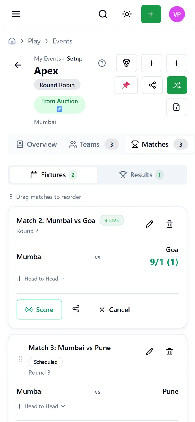 AuctionPro tournament created from an auction, showing the From Auction badge and generated fixtures