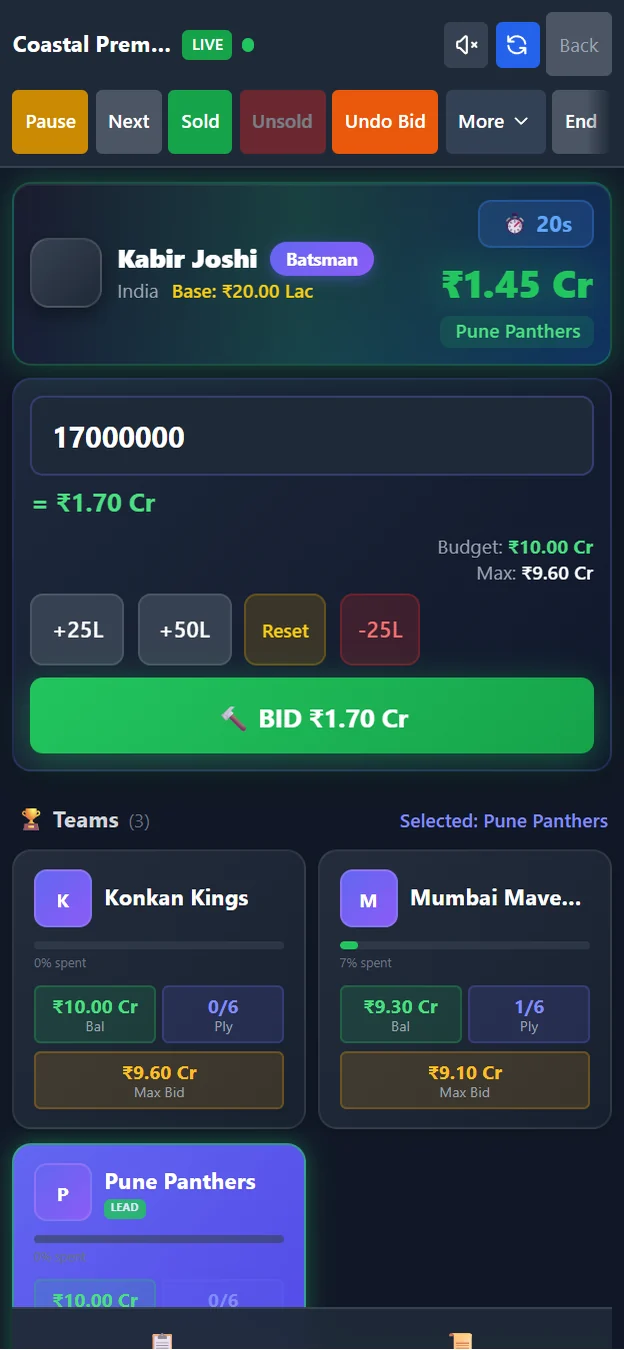 AuctionPro auctioneer console on mobile with a player on the block, the leading bid, quick raise buttons and each team’s balance