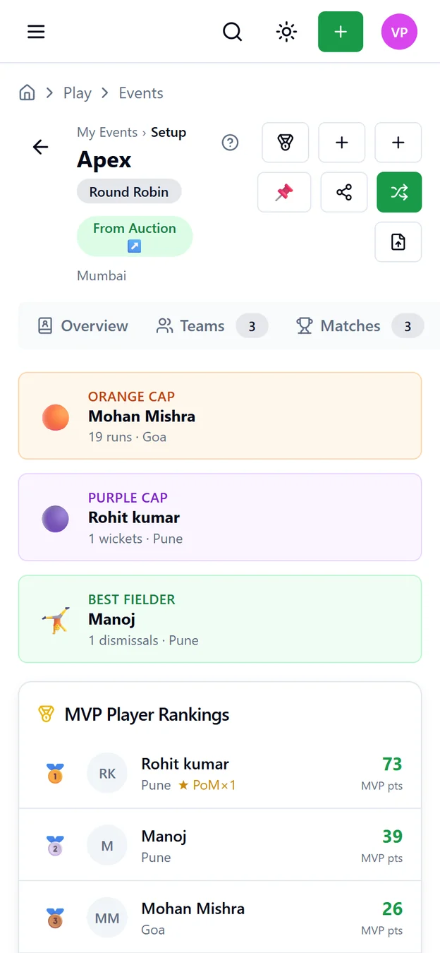 AuctionPro tournament stats on mobile with Orange Cap, Purple Cap and MVP rankings