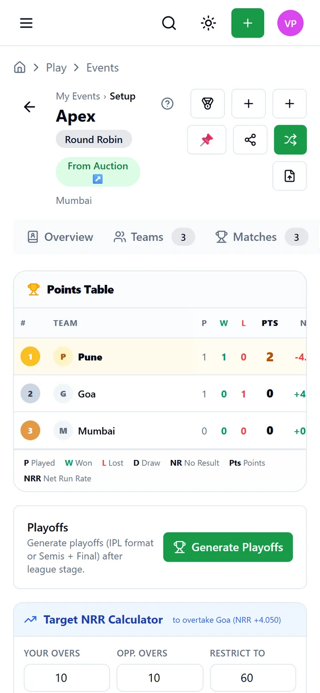 AuctionPro points table on mobile with played, won, lost, points and net run rate for each team, plus playoffs and a target NRR calculator