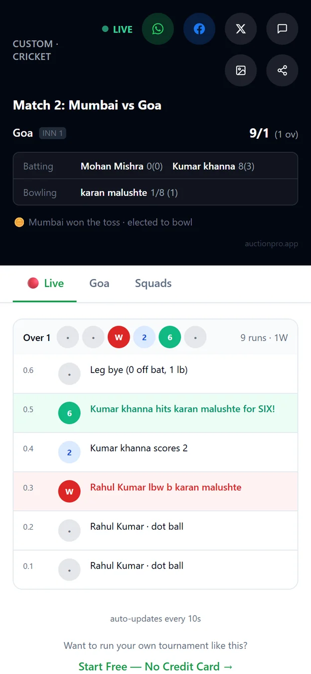 AuctionPro public live match page on mobile with the score, current batters and bowler, and a ball-by-ball feed including a six and a wicket