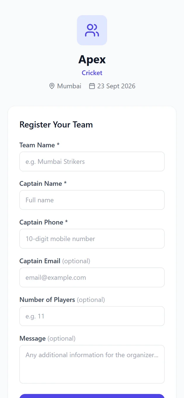 AuctionPro public registration form on mobile for the Apex cricket tournament with team, captain and phone fields