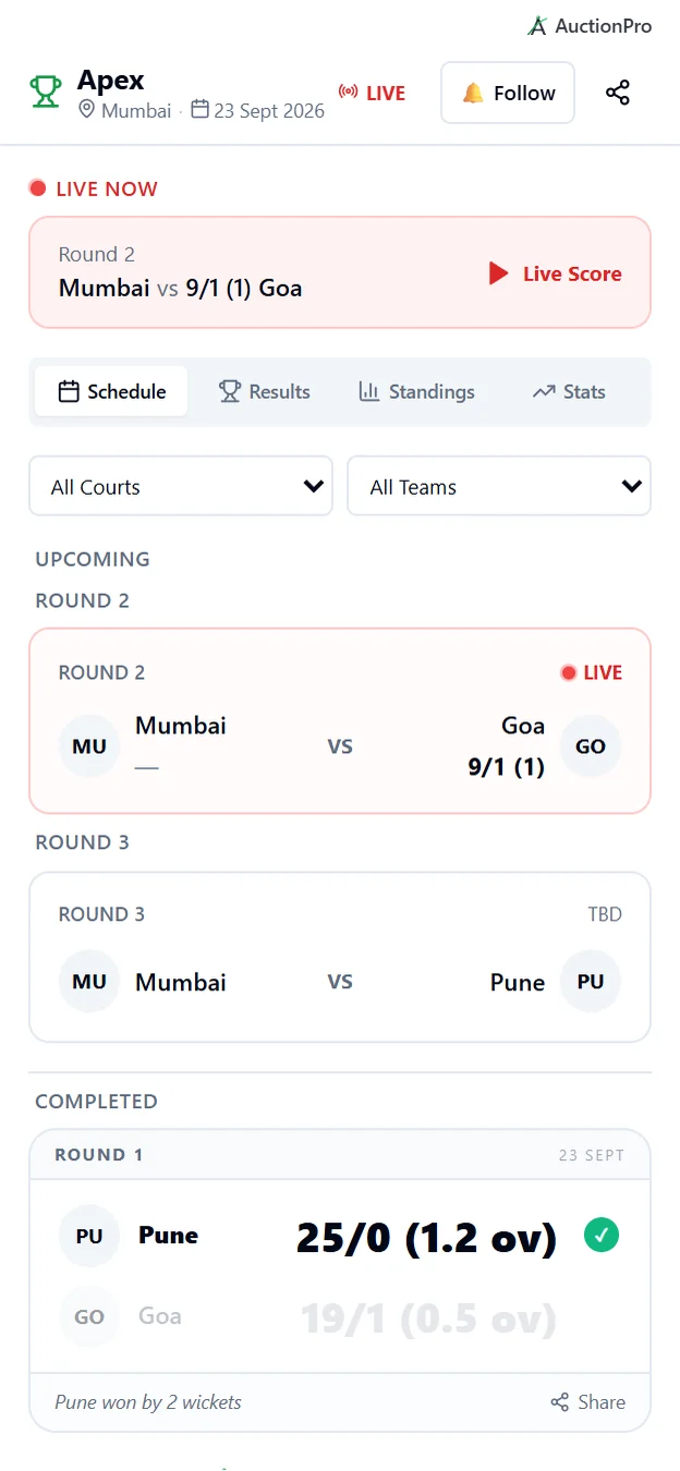 AuctionPro public tournament page on mobile with a live match score, upcoming fixtures and a completed result