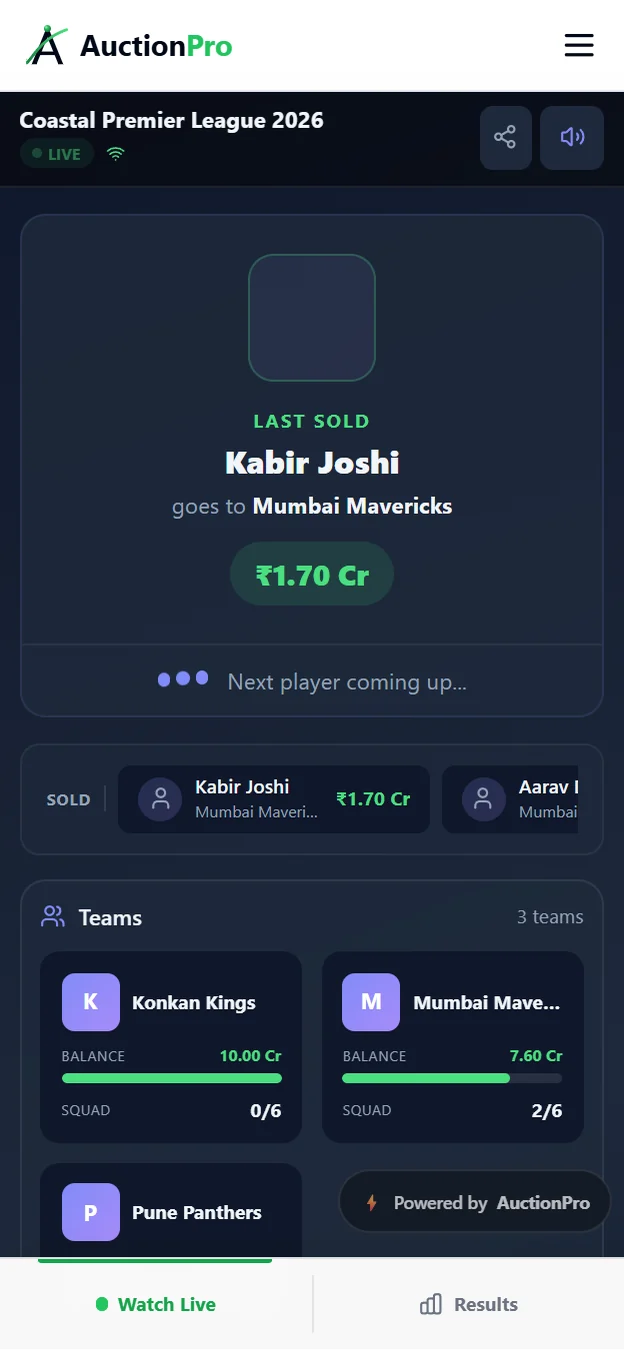 AuctionPro public watch page on mobile announcing the last player sold, the price, the sold list and team balances
