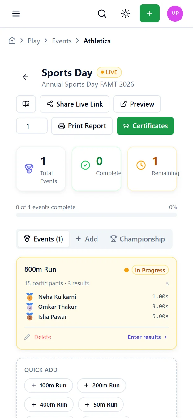 AuctionPro sports day dashboard on mobile with event progress, certificates, championship and print report actions