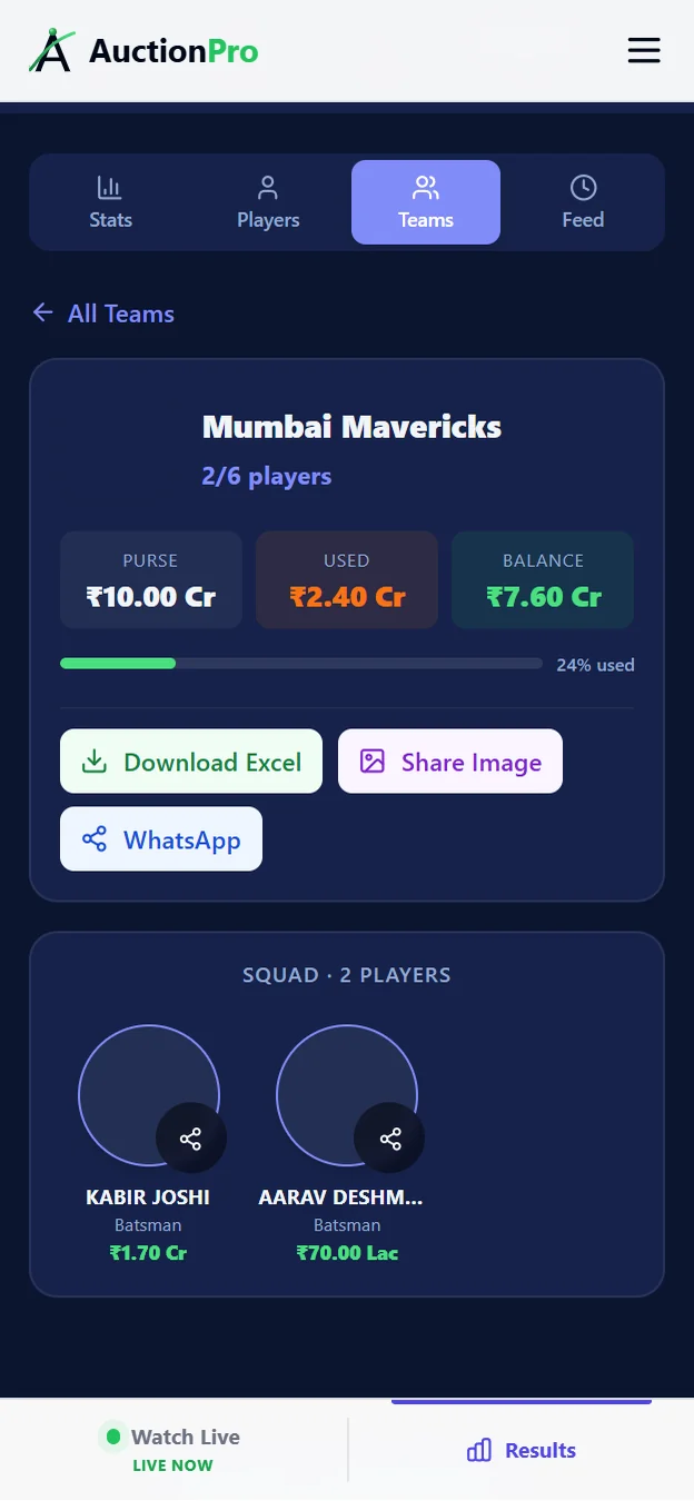 AuctionPro team squad view on mobile with purse, spend and balance plus every player bought and their price