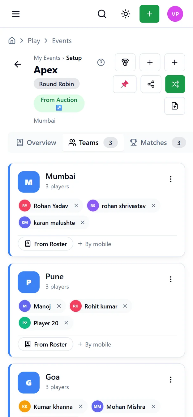 AuctionPro Teams tab on mobile listing Mumbai, Pune and Goa squads with their players