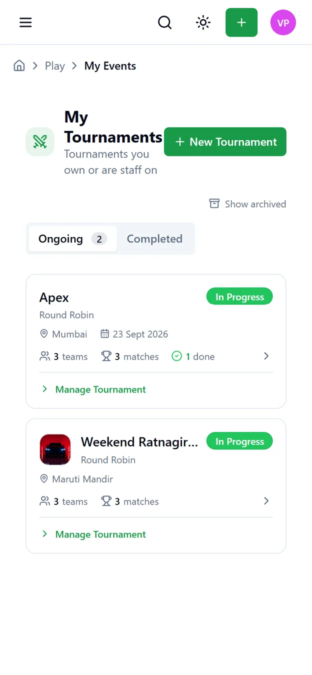 AuctionPro My Tournaments list on mobile with ongoing events, their format, venue, team and match counts and progress