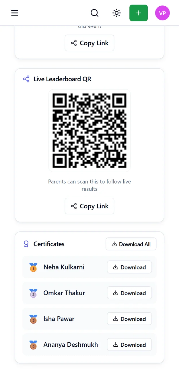 AuctionPro certificates list on mobile with a download button for each medal winner and a Download All option